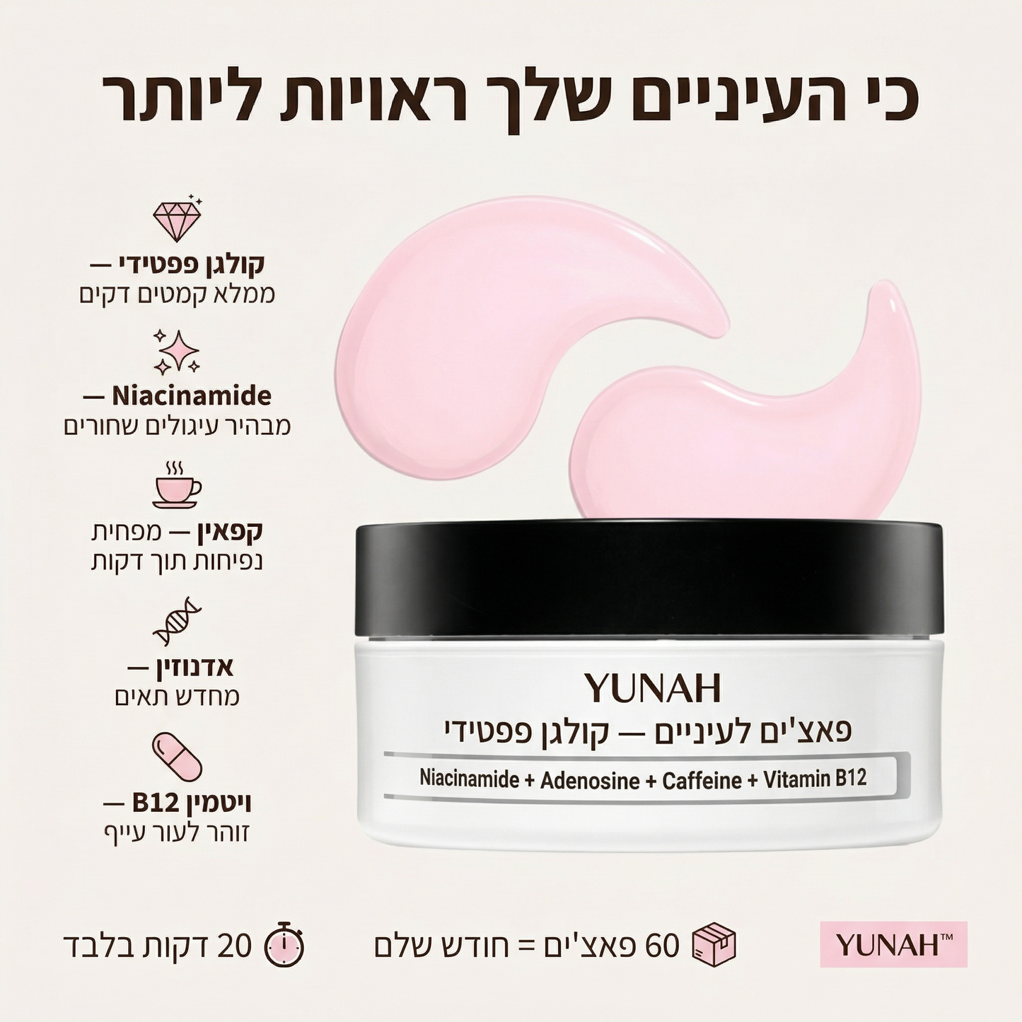 Yunah™ — פאצ'ים לעיניים קולגן פפטידי | לעיניים רעננות ללא נפיחות